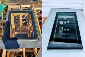Skylight installation on a roof frame.