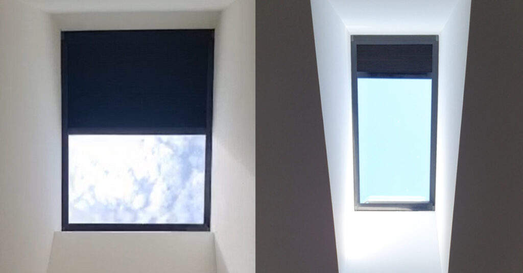 Skylight blinds installed into a skylight shaft.