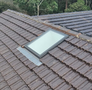 Skylight installation with flashing.