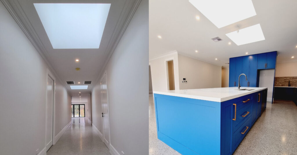 An image of skylight on the hallway and skylight on the ceiling at the kitchen.