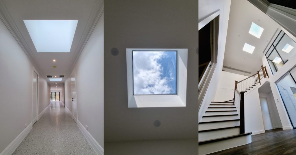 Image of hallway skylight, square skylight, and skylights on the ceiling above the staircase,
