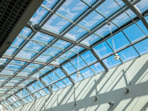 Transparent glass ceiling of a modern building.