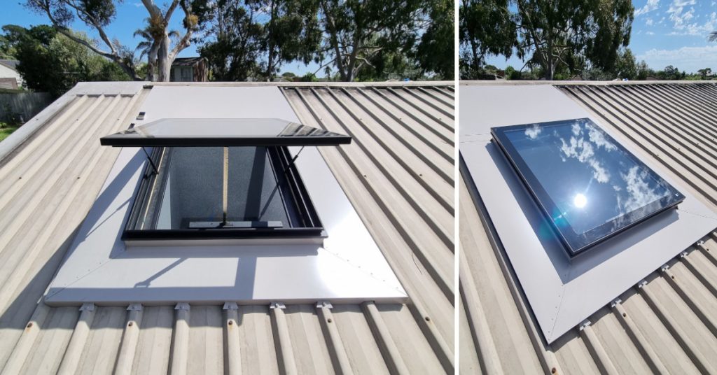 Image of an operable skylight and fixed skylight on the roof.