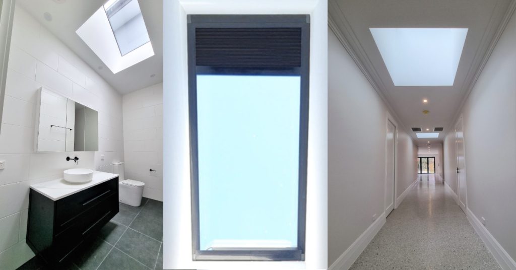 Image of skylight in the bathroom, skylight blind, skylight in the hallway.