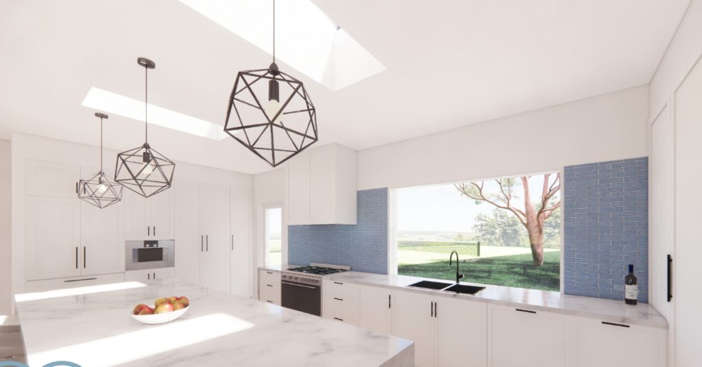 Modern kitchen with elegant benchtop, beautifully illuminated by ceiling-installed skylights.