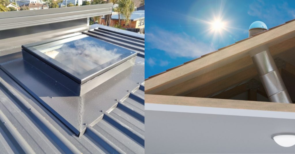 Image of solar tube skylight vs traditional skylight on the roof.