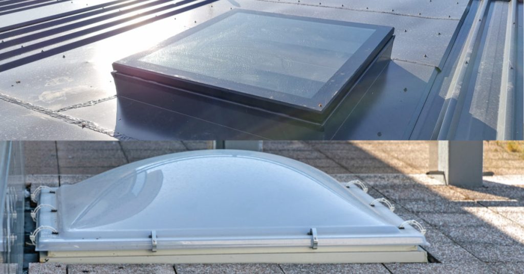 Image of acrylic dome skylight window at flat roof vs traditional skylight on the tin roof.