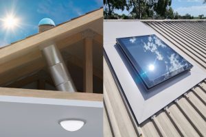 Image of solar tube skylight vs traditional skylight on the roof.