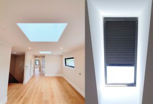 Images of skylight blind on the ceiling and skylights in hallway of the house.