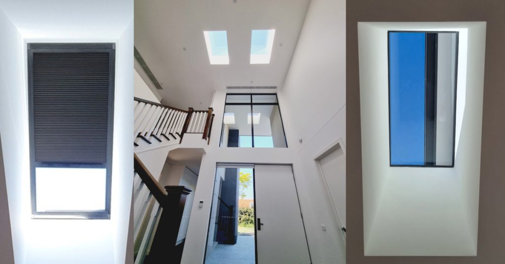 Images of skylights blind and skylights at the ceiling in the house.