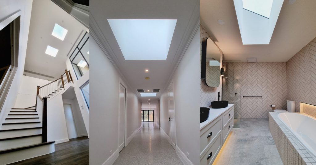 Images of skylight on the ceiling at the staircases, skylights in hallway of the house, and skylight in the bathroom.