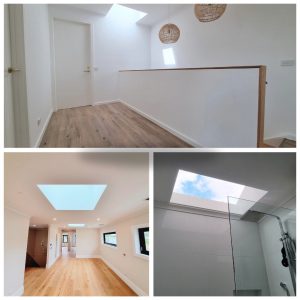 Images of skylight on the ceiling at the staircases, skylights in hallway of the house, and skylight in the bathroom.