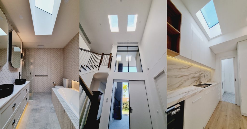Images of skylight on the ceiling at the bathroom, skylights at the front door and skylight at the kitchen.