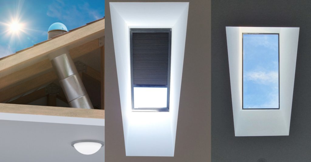 Image of solar tube skylight vs traditional fixed skylight and operable skylight.