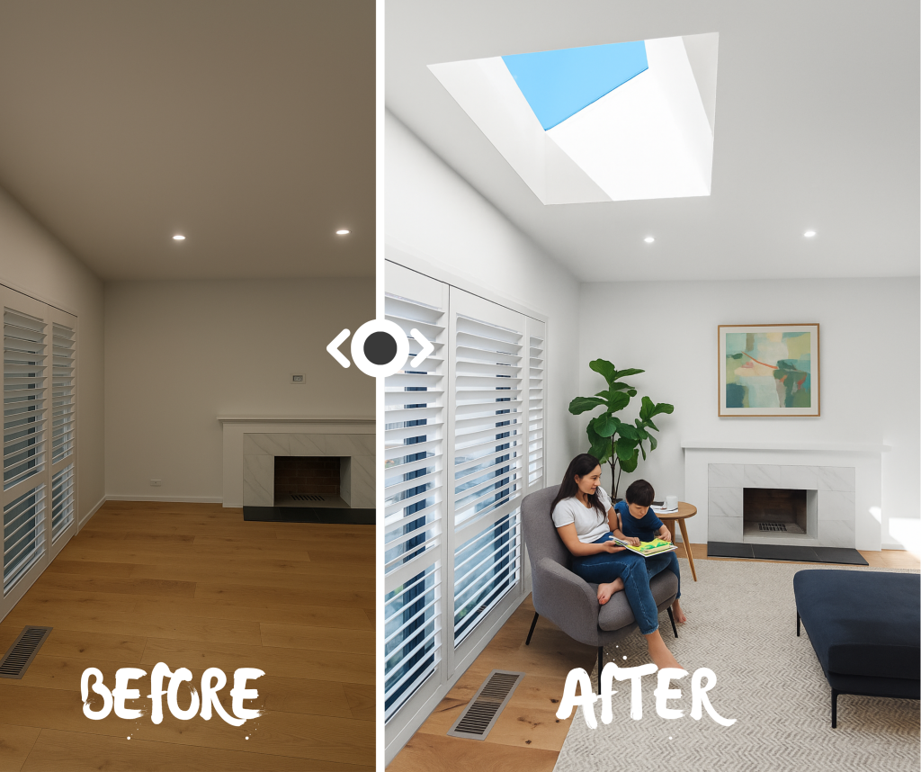 room before and after skylight installed