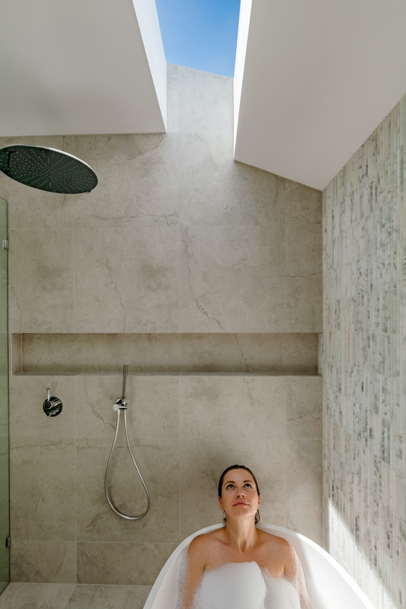 woman in bath looking at skylight