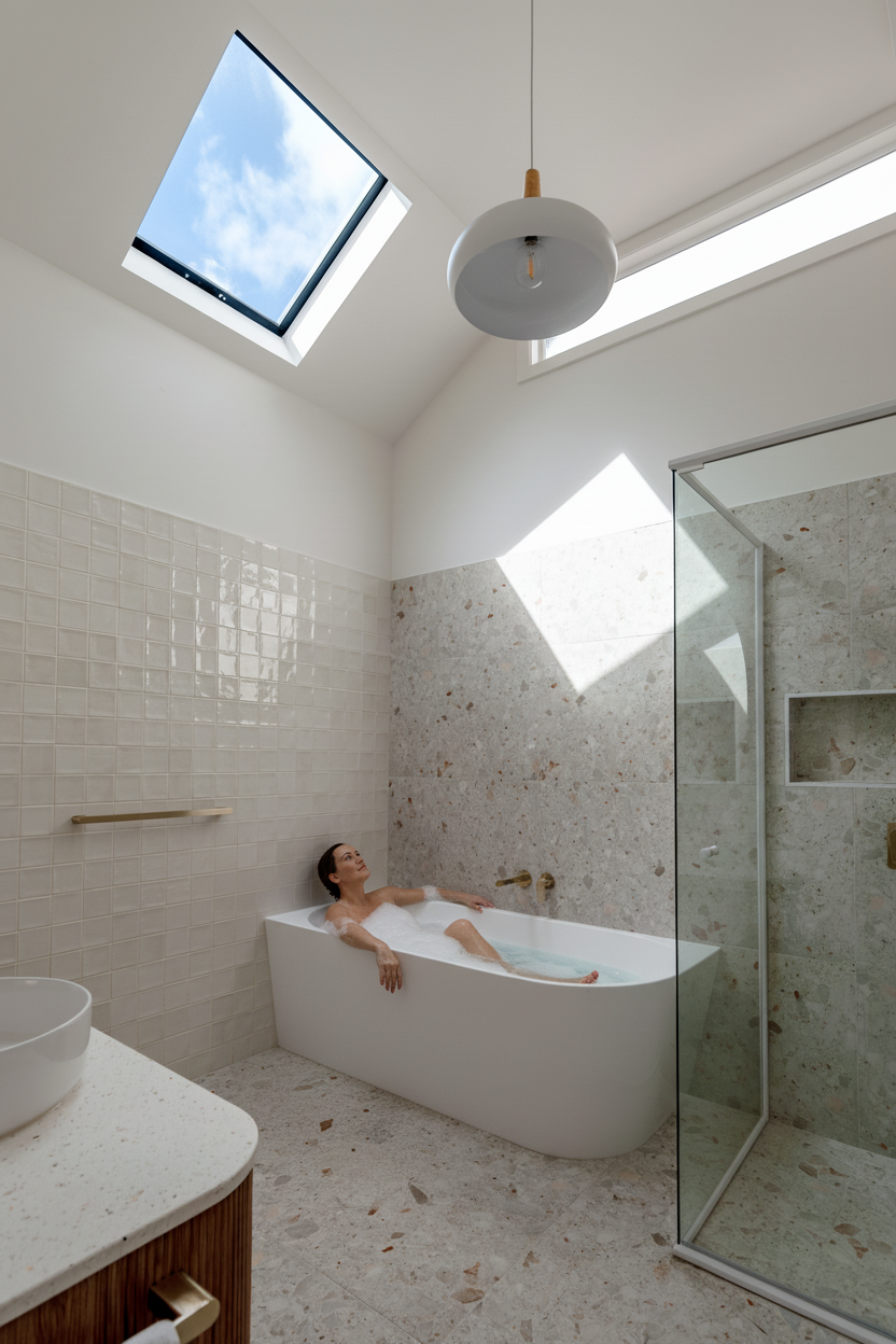 woman in bath looking at skylight