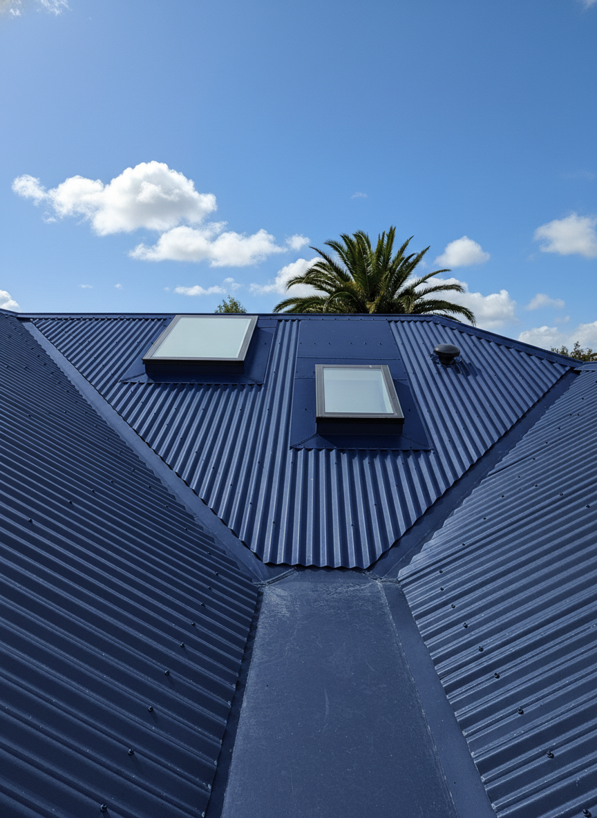 two skylights on a metal roof