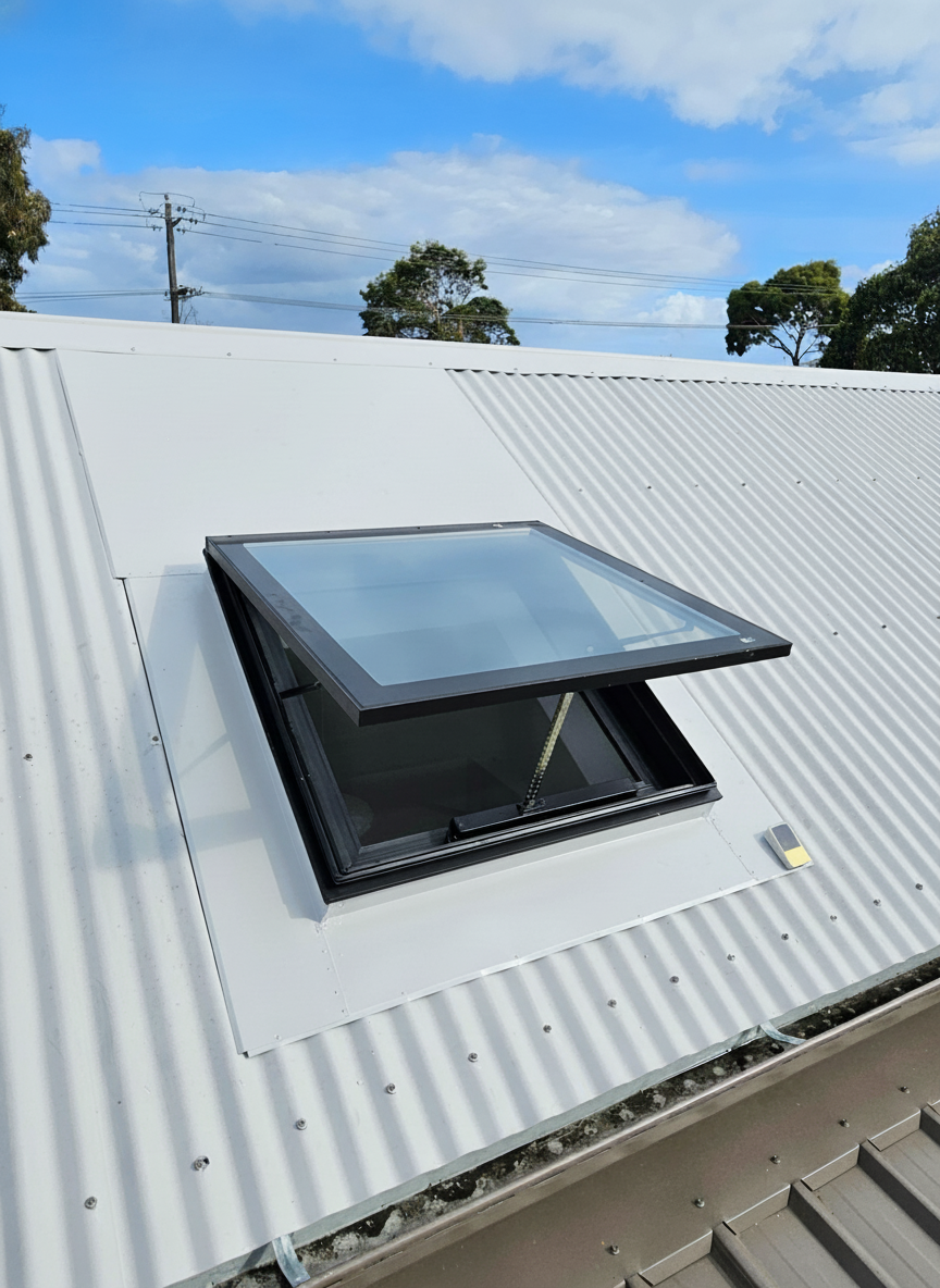 Solar powered skylight on metal roof
