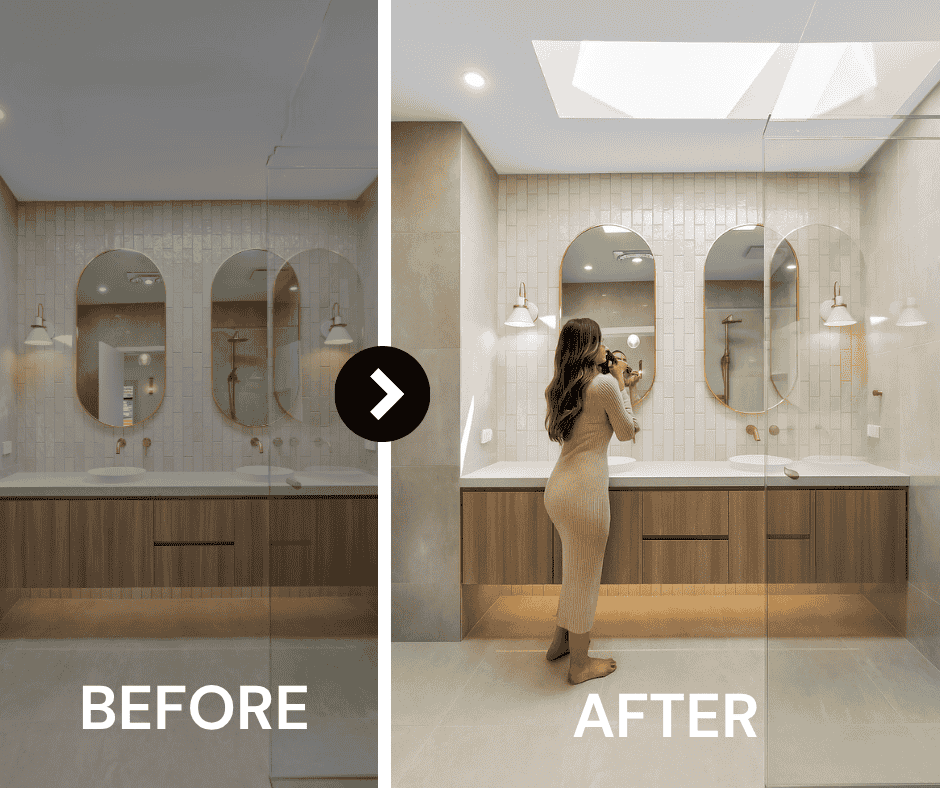 Before and after comparison of a modern bathroom vanity area showing a dramatic increase in brightness following a large ceiling Vivid skylight installation.