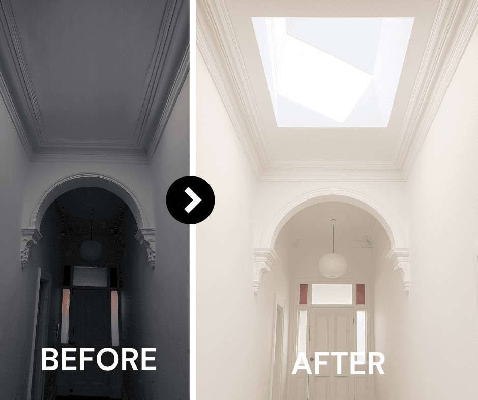 Before and after comparison of a dark home hallway transformed by a large rectangular ceiling skylight that illuminates the historic arched entryway.