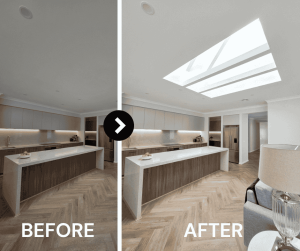 Before and after comparison of a modern open-plan kitchen and living area showing a dark island flooded with natural daylight from a large exposed roof trusses in between two Vivid skylights.