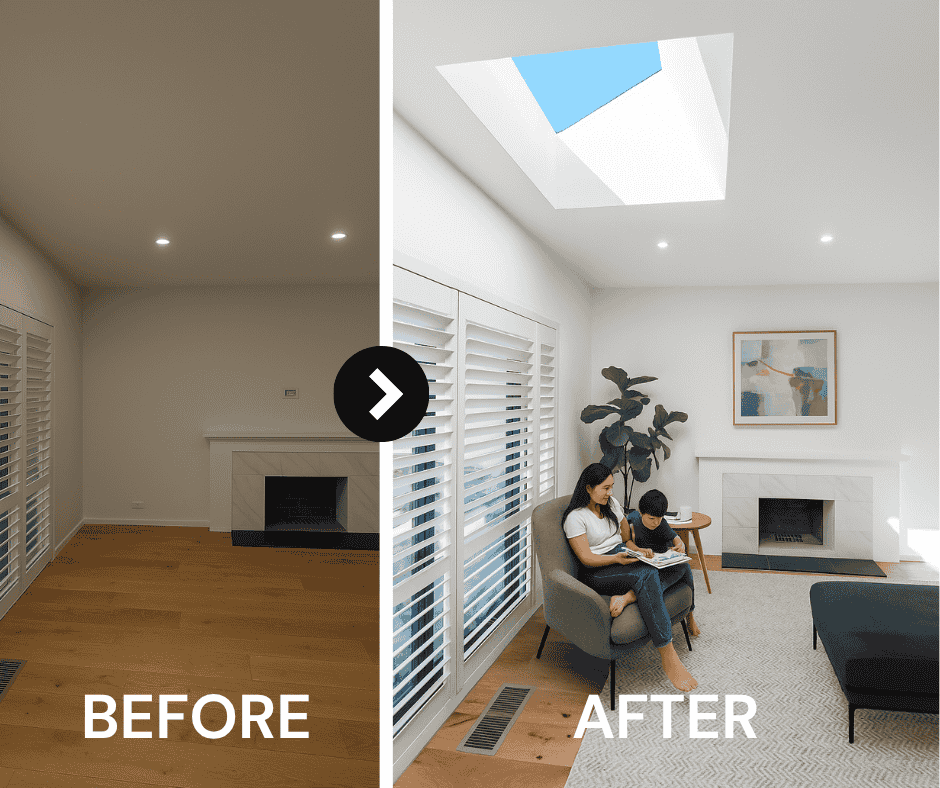 Before and after comparison of a dark living room and fireplace remodel showing the space brightened by a rectangle Vivid skylight.