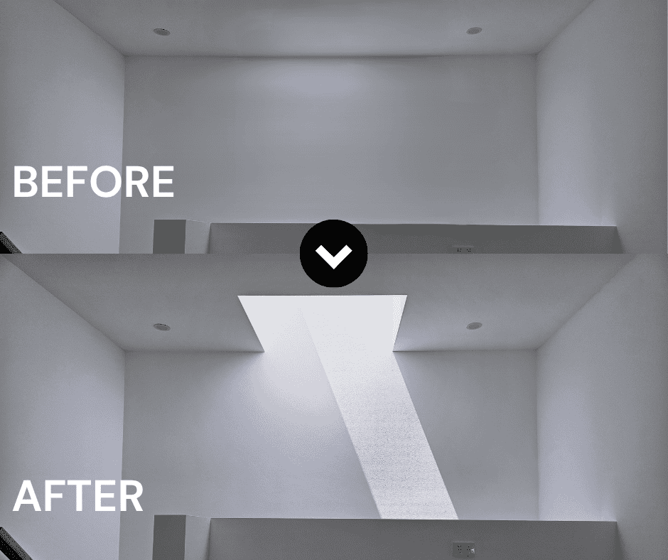 Before and after comparison of a minimalist staircase void area showing a dark white wall space transformed by a sunbeam from a new square ceiling Vivid skylight.